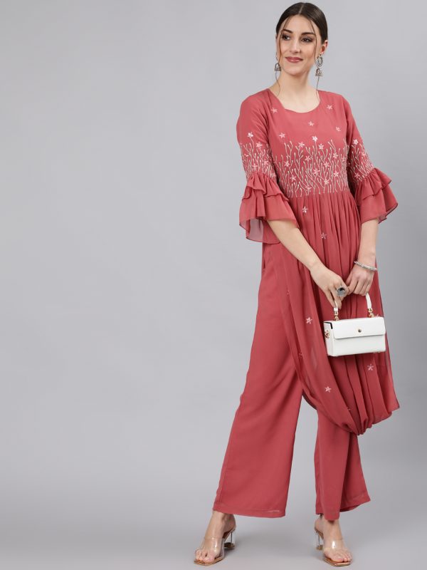 Women Draped Rose Gold Kurta With Palazzo