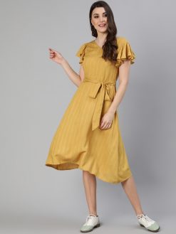 Yellow Self Weave Rayon Flared Dress With Belt
