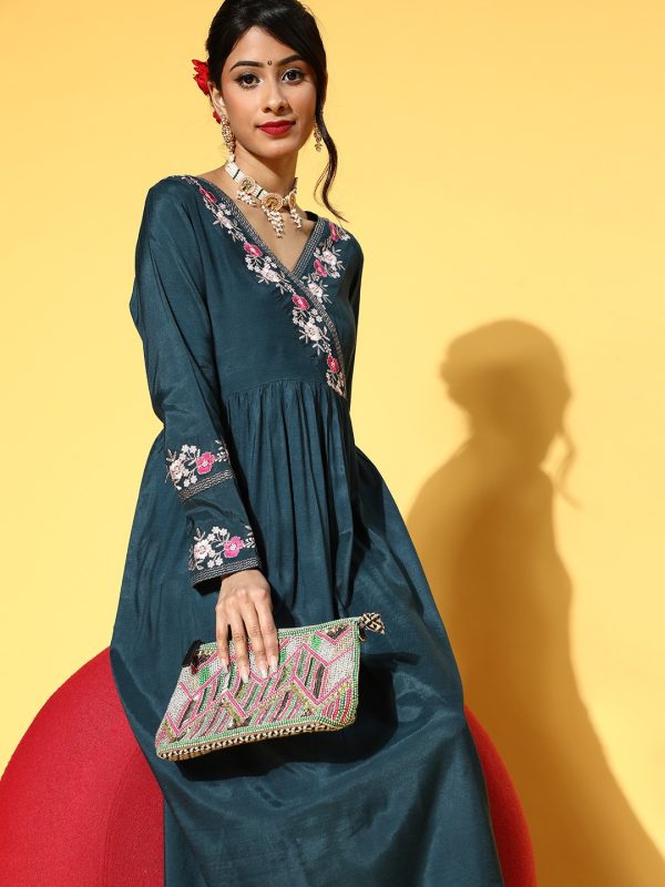 Women Teal Embroidered Gathers Kurta With Chudidar