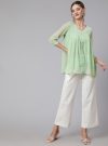 Green Chiffon Dobby Top With White Flared Cotton Pants