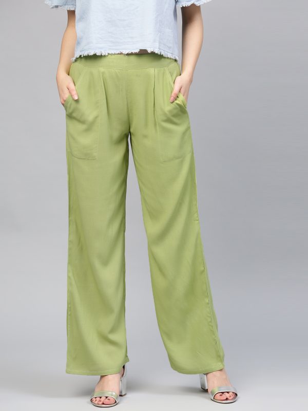 Women Green Solid Rayon Palazzo