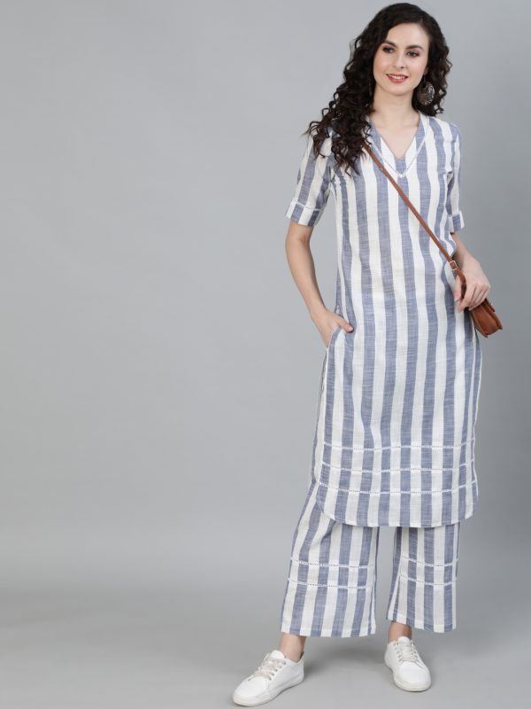 Women White & Blue Yarn Dyed Striped Kurta With Palazzos.