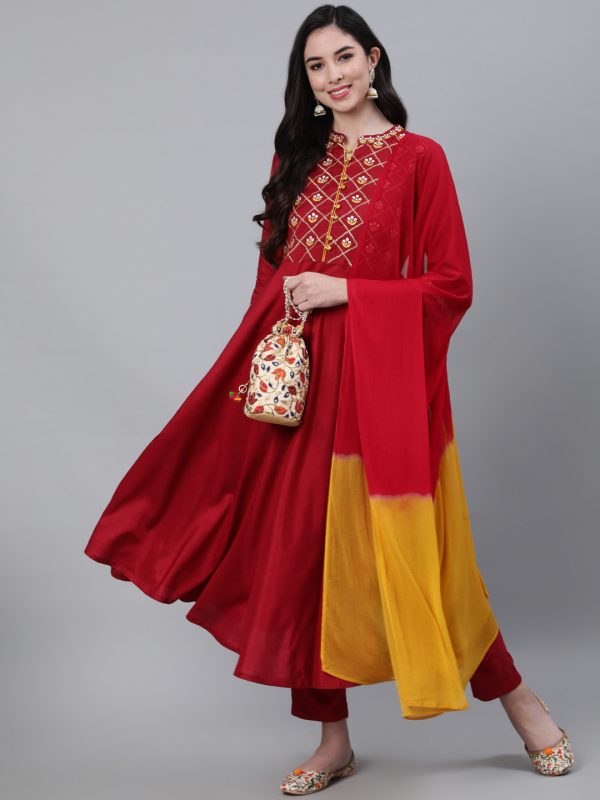 Women Maroon Embroidered Flared Kurta With Palazzo And Chiffon Dupatta.