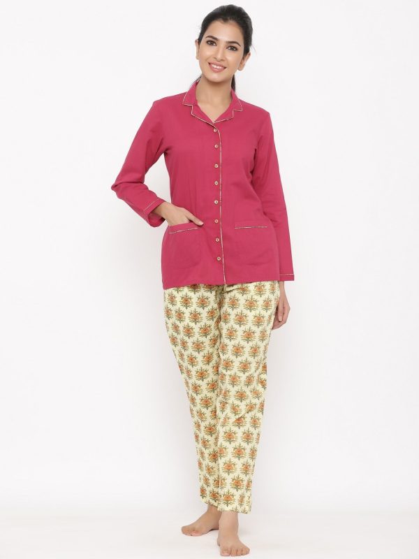 Magenta Ethnic Print Cotton Night Suit