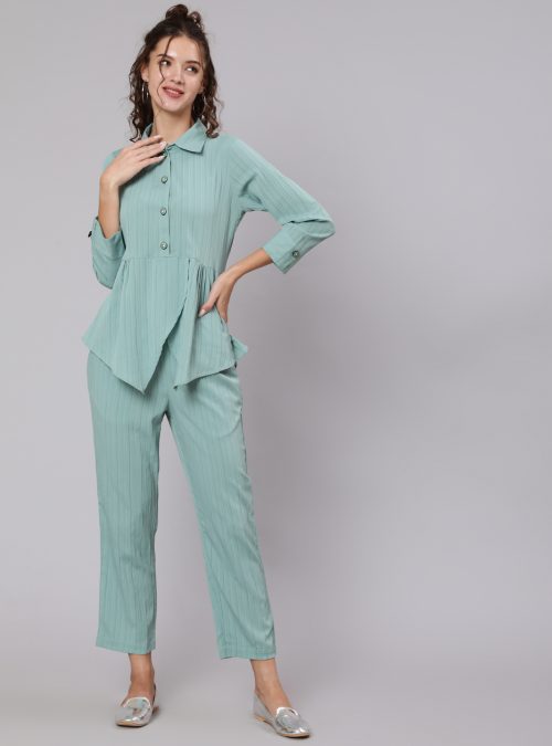 Green Textured Georgette Co-Ords Set Has Embellished With Button And Over Lapped Shirt With Pants