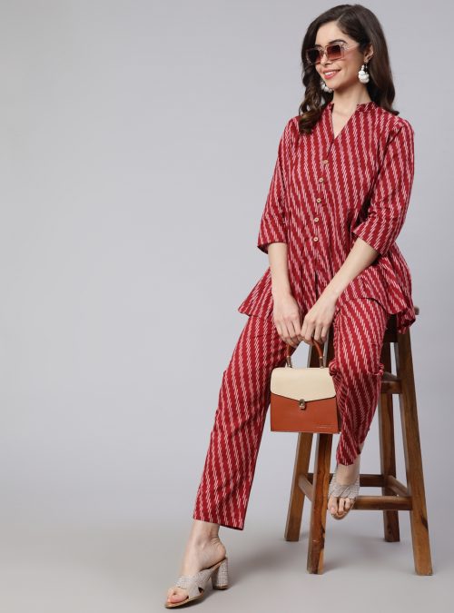 Women Maroon Printed Box Top With Printed Pants Co-Ord Set