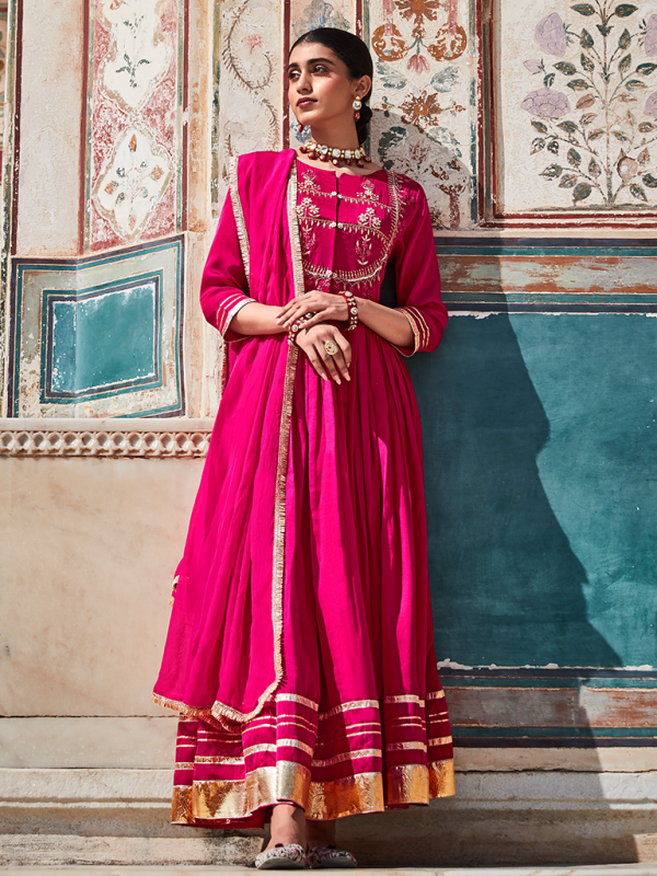 Pink Zardozi Work Anarkali Kurta With Organza Dupatta