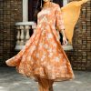 Mustard Floral Print Flared Kurta With Pants And Dupatta